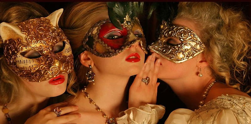 Tree masked lady, masquerade, gold, female, model, golden, masked, females, mask, HD wallpaper
