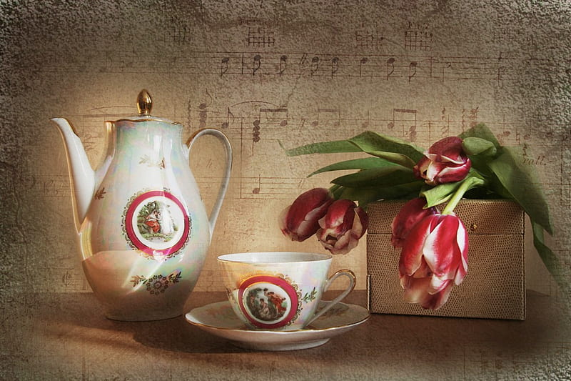 still life, box, bonito, nice harmony, tea, graphy, flowers, drink, musical notes, tulips, tulip, porcelain, music, gift, glass, cool, bouquet, coffee, flower, kettle, HD wallpaper