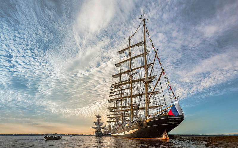 Tall Ship with Russian Flag, Water, Ship, Sails, Russian, HD wallpaper