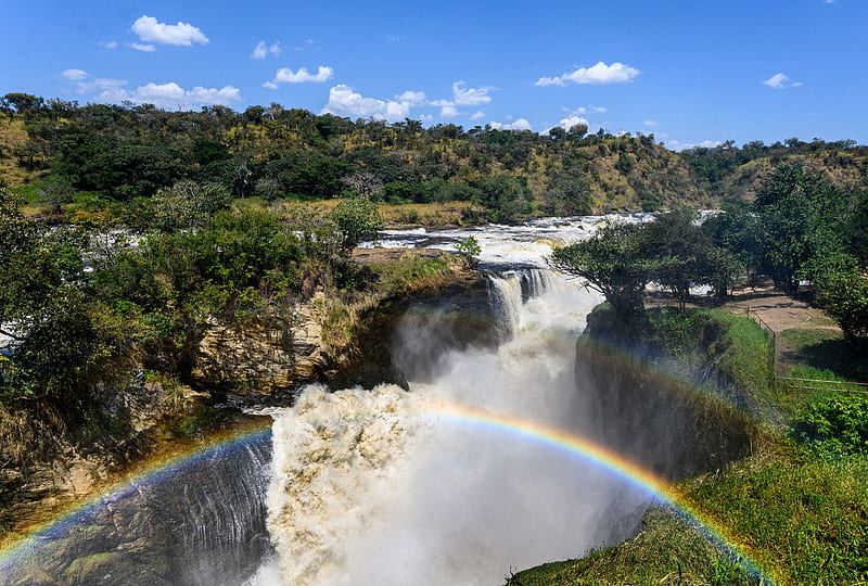 Murchison waterfall, Nile, Uganda, trees, landscape, africa, rainbow, river, sky, HD wallpaper