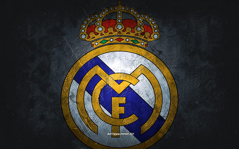 Real Madrid, Spanish football club, gray stone background, Real Madrid logo, grunge art, La Liga, football, Spain, Real Madrid emblem, HD wallpaper