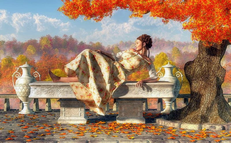 Neoclassical Fall, colorful, fall season, autumn, folliage, love four seasons, attractions in dreams, digital art, woman, leaves, HD wallpaper