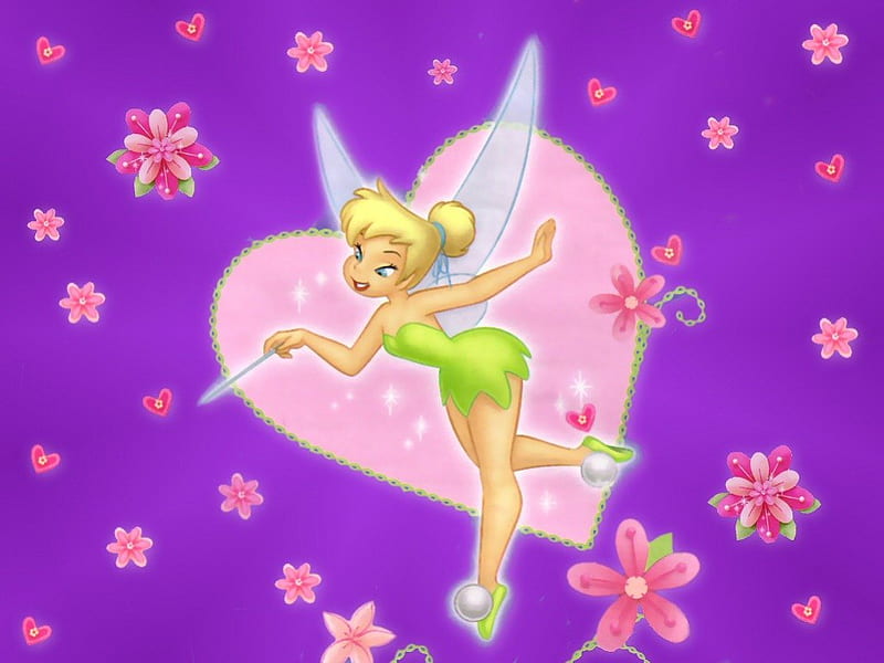 Heart of Tinkerbell, wand, love, flowers, tinkerbell, fairy, pink heart, HD wallpaper
