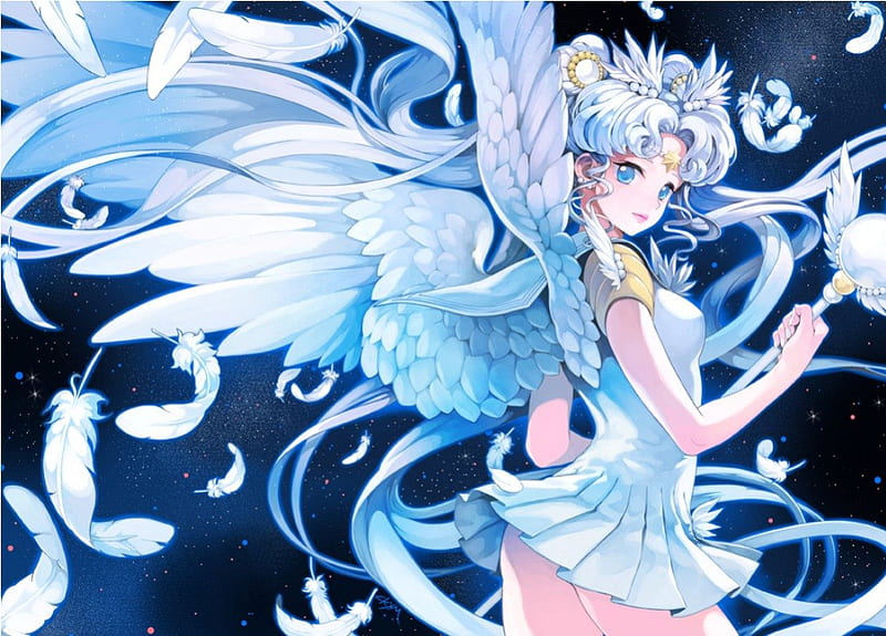 Sailor Cosmos, staff, dress, white hair, wing, magical girl, anime, feather, sailor moon, hot, cosmos, anime girl, weapon, long hair, blue eyes, sailormoon, blue, female, wings, wand, angel, gown, rod, skirt, sexy, cute, girl, silver hair, HD wallpaper