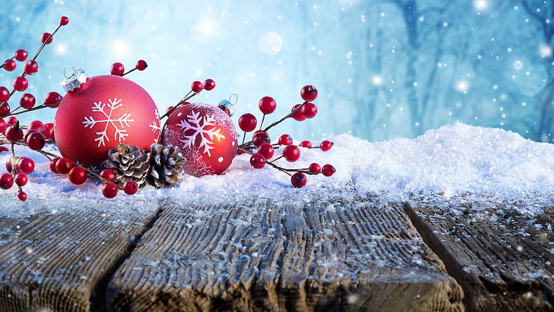 Red Bauble Snowflake Christmas Ornaments Snow Blue Background Christmas, HD wallpaper