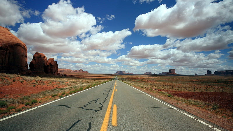highway through monument valley, highway, desert, monuments, clouds, sky, HD wallpaper