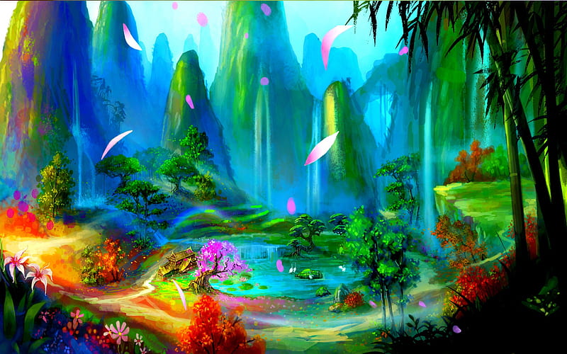 MYSTIQUE PARADISE, pond, paradise, mountains, garden, trees, HD wallpaper