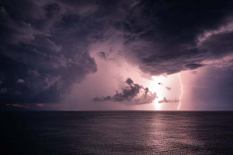 lightning, sea, horizon, clouds, glare, HD wallpaper
