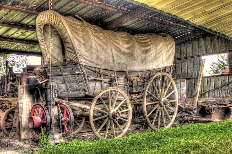 Covered Wagon, chuck wagon, shed, old, wagon wheels, carriage, barn, farm, spokes, antique, wagon, storage, tools, wood, HD wallpaper
