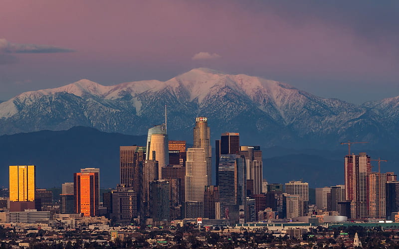 Los Angeles, sunset, cityscape, evening, California, skyscrapers, USA, mountain landscape, HD wallpaper