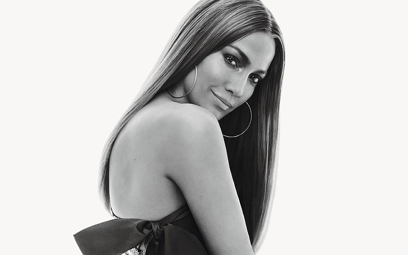 JLo, Jennifer Lopez, monochrome portrait, American singer smile, HD wallpaper