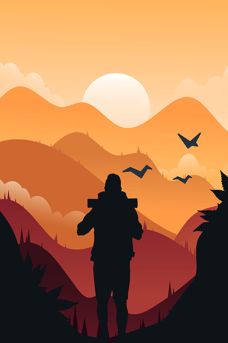 Traveller man , birds, hills, landscape , sun, sunset, vector, vector art, HD phone wallpaper