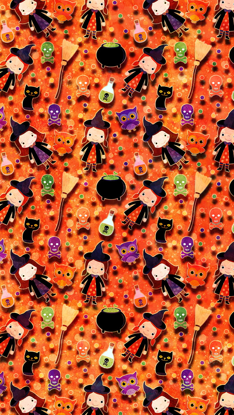 Cute Witches and Cats, Adoxali, Halloween, October, autumn, black, broom, cat, cauldron, celebration, child, day of the dead, dots, fall, fun, funny, green, holiday, illustration, kawaii, kid, kitty, orange, owl, pattern, poison, scary, skull, spooky, treat, trick, violet, witch, HD phone wallpaper