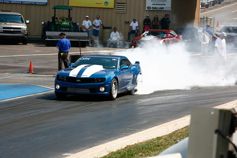 2011 SS Camaro, Track, Tire Smoke, Blue, 5th Gen, HD wallpaper