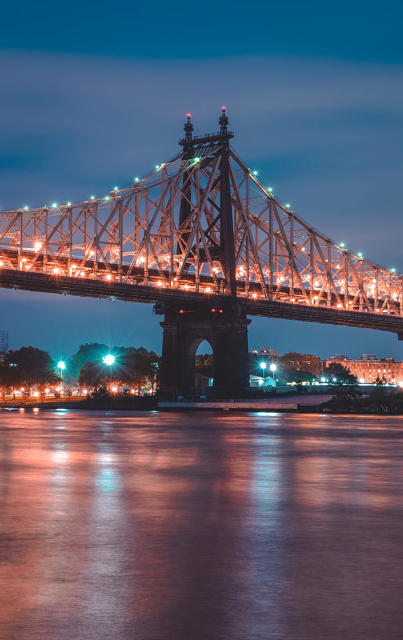bridge, night city, lighting, city lights, new york, usa, HD phone wallpaper