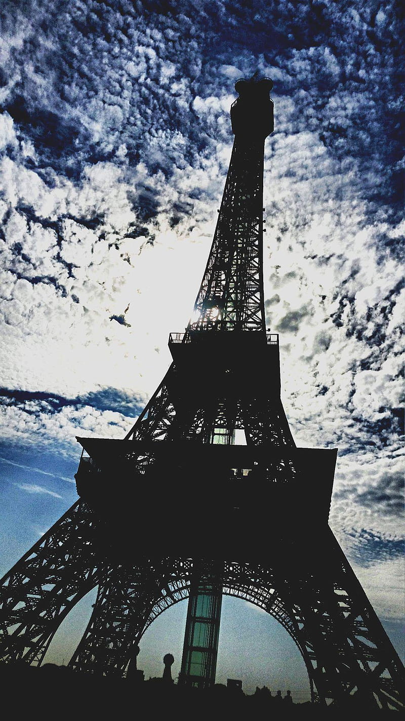 Eiffel tower cloudy, bonito, clouds, eiffel tower, holiday, landscape, paris, scenery, sun, tall, HD phone wallpaper