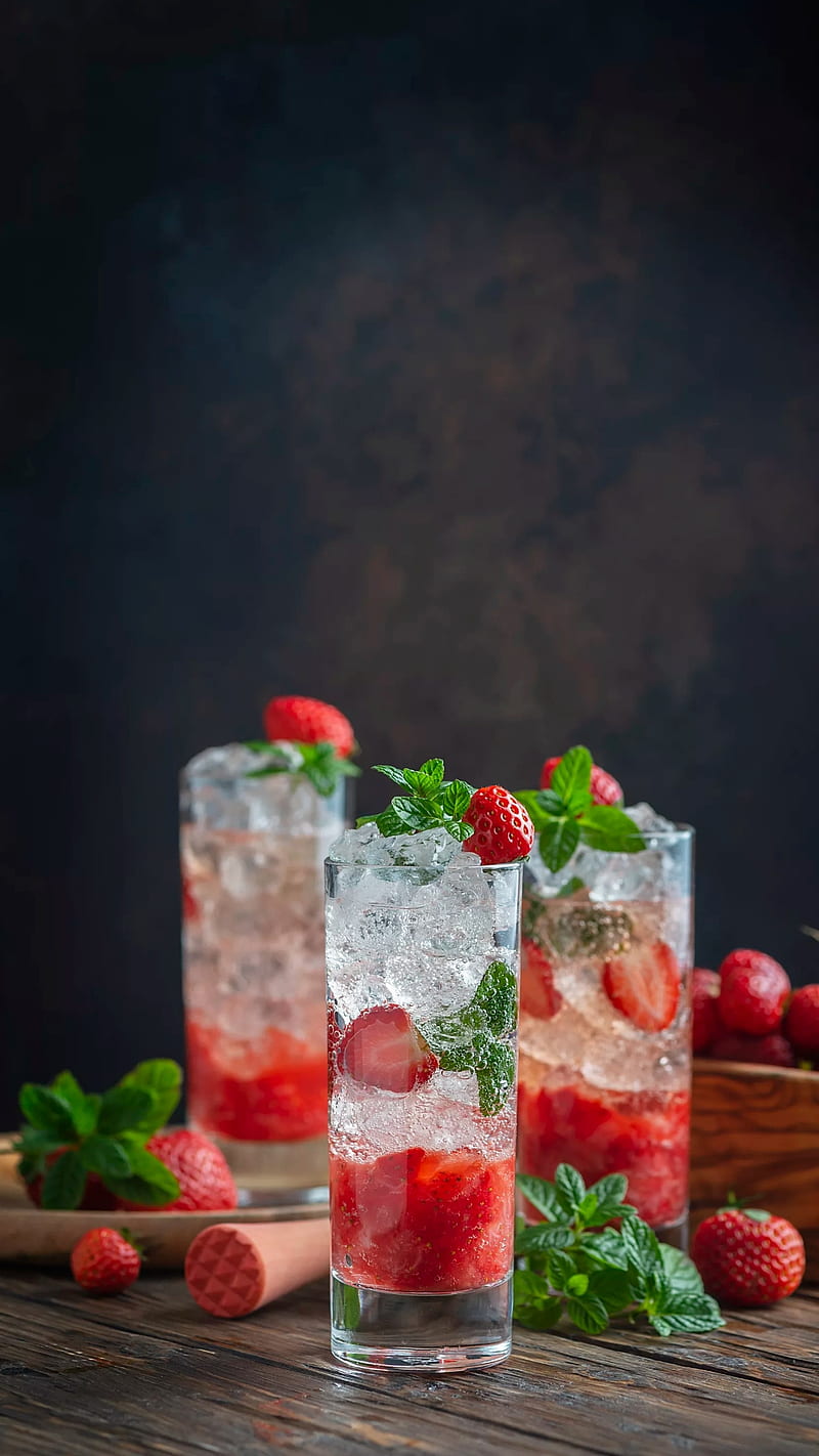 Mojito cocktail, cups, drink, fruit, mint, mojito drink, strawberrie, HD phone wallpaper