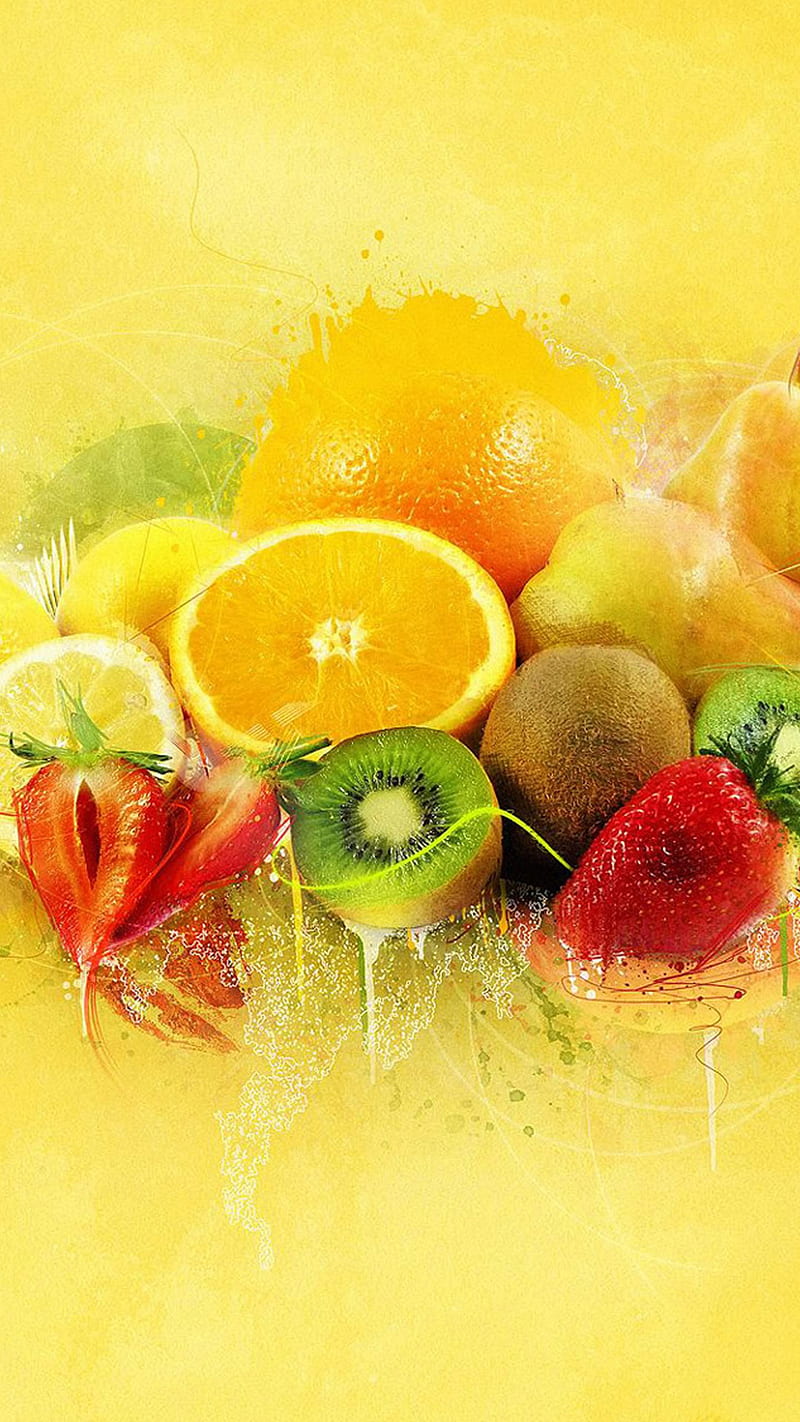 fruites, kiwi, orange, strawberry, yellow, HD phone wallpaper