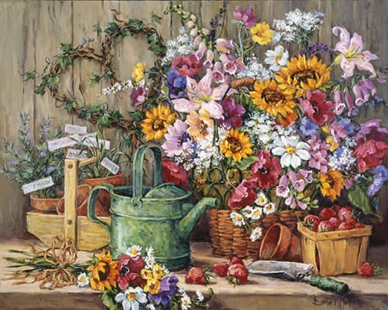 GARDENING PLACE, flowers, gardening, tools, basket, HD wallpaper