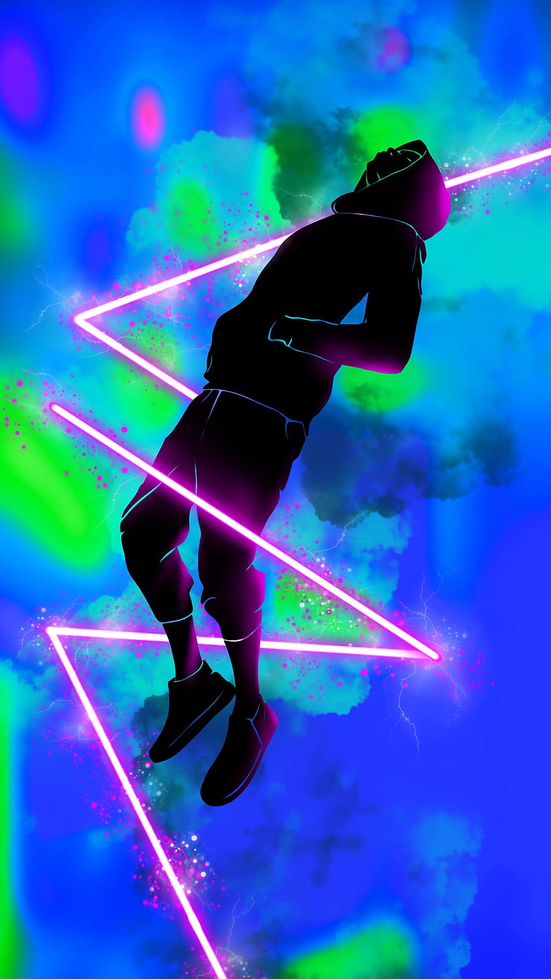 In the neon light, Silhouettes, abstract, anonymous, black, blue, cloud, dark, darkness, face, fall, falling, figure, fog, form, geometry, guy, jump, lightning, lines, man, mask, mint, pink, purple, silhouette, smoke, triangle, HD phone wallpaper