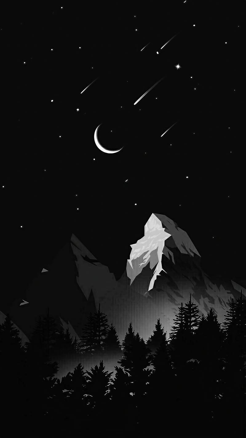 Full Black Screen, Mountains And Stars, mountains, stars, amoled, HD phone wallpaper