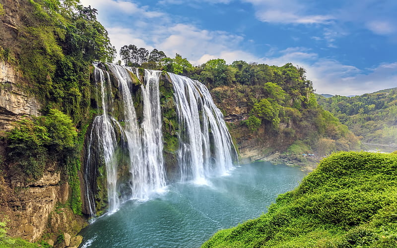 beautiful waterfall, China, river, forest, rocks, stones, HD wallpaper