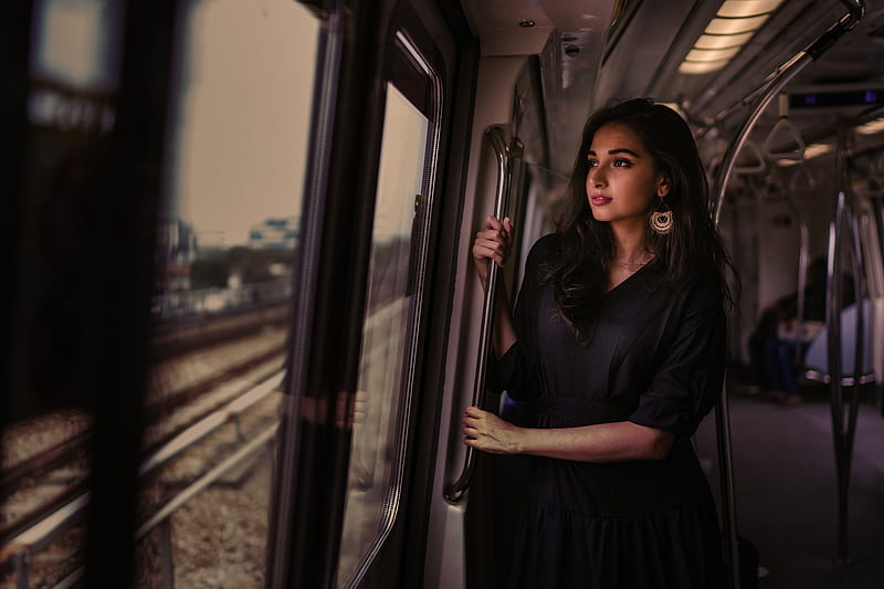 Women Standing In Train Holding Metal Rail While Looking Outside , girls, model, HD wallpaper