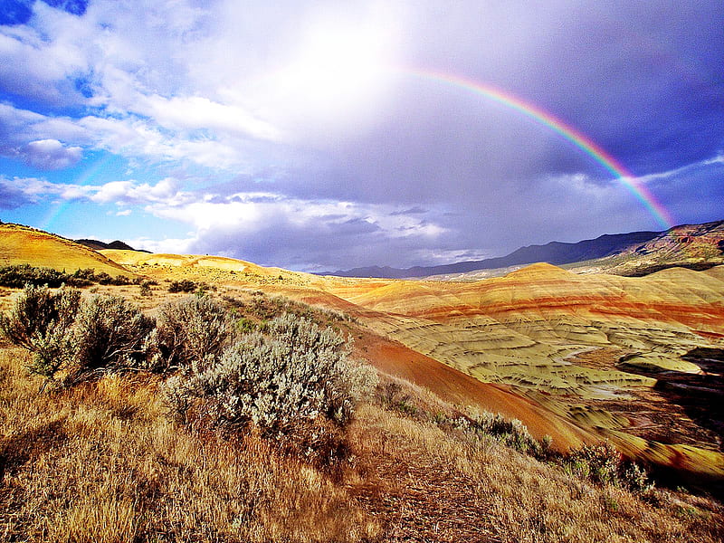 Rainbow Over Fossil Beds- Oregon, hills, colorful, oregon, fossil, rainbow, sky, clouds, bright, nature, HD wallpaper