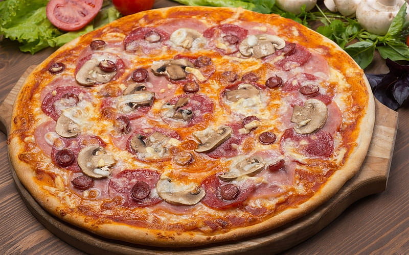Pizza with mushrooms, fast food, pizza, delicious food, pizza with sausage and mushrooms, HD wallpaper