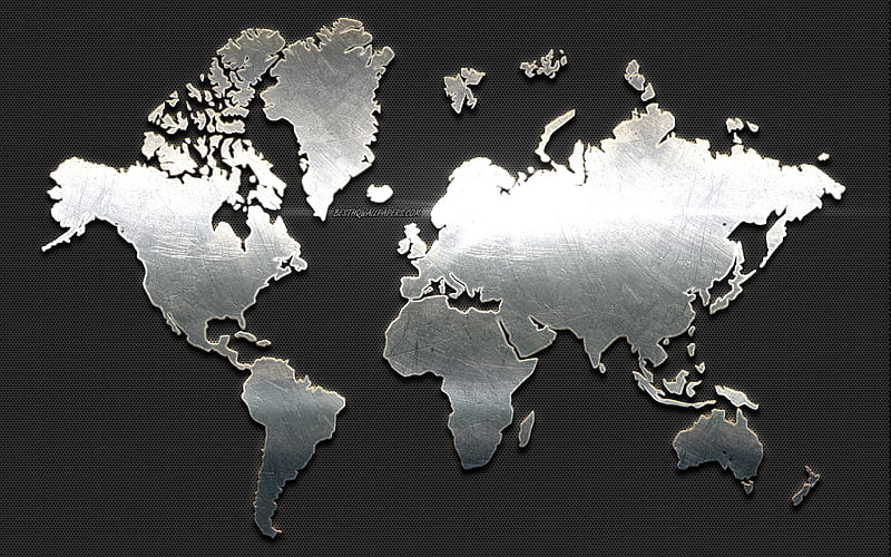 Steel world map, silver metal world map, gray background, creative art, world map concepts, iron map of the world, HD wallpaper