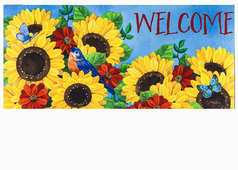 Sunflower welcomes, butterflies, birds, welcome, door, seeds, HD wallpaper