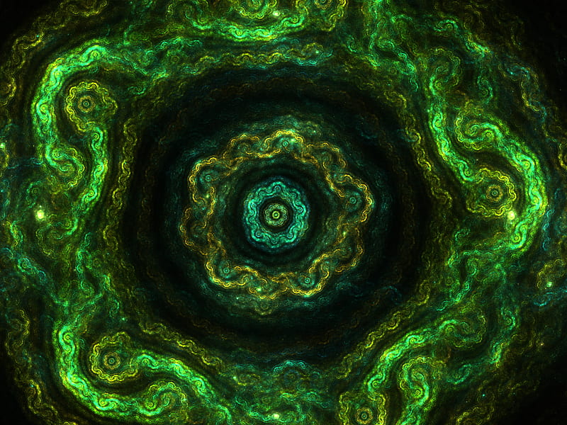 fractal, kaleidoscope, pattern, circles, green, HD wallpaper
