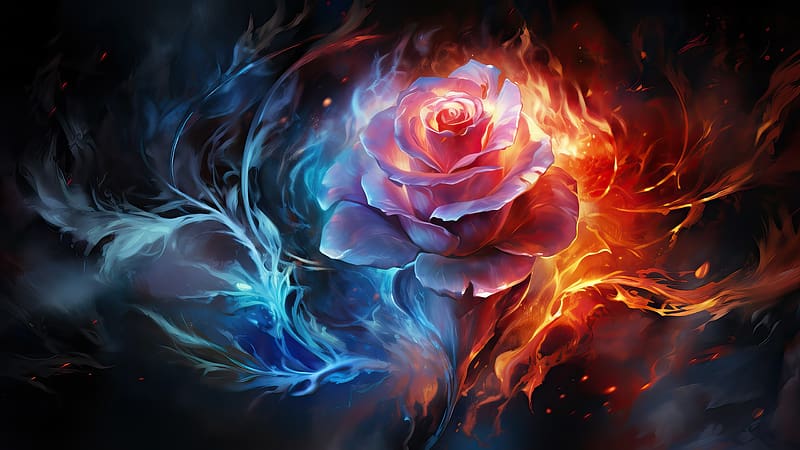 A Rose, luminos, trandafir, blue, black, frumusete, gorgeous, superb, rose, fantasy, red, flower, smoke, fire, HD wallpaper