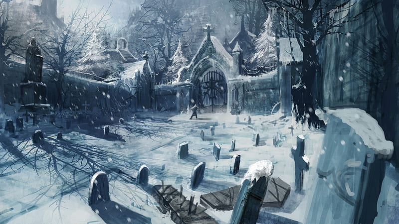 Winter cemetery, art, view, cemetery, church, winter, cold, fantasy, snow, ice, scenery, white, cross, scene, HD wallpaper