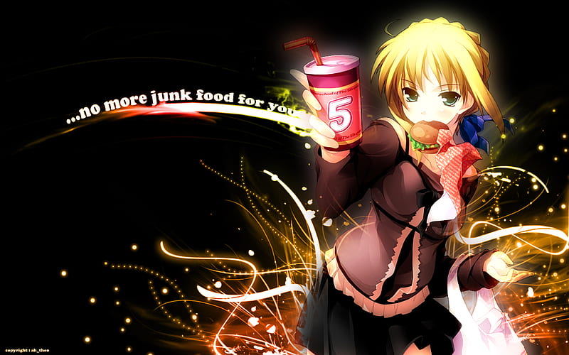 No More Junk Food For You !!, arturia, saber, fate stay night, coca cola, usual clothes, anime, game, burger, HD wallpaper