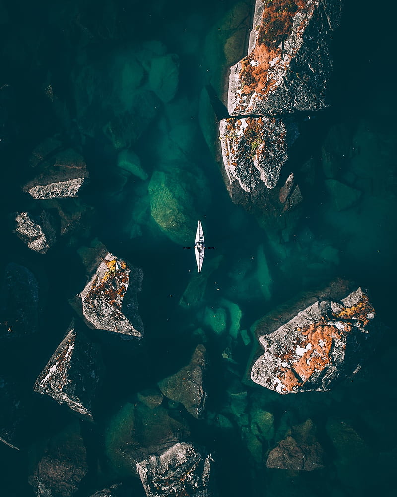 nature, landscape, water, aerial view, kayaks, rock, stones, transparency, esports, portrait display, sea, Tobias Hägg, graphy, vertical, HD phone wallpaper