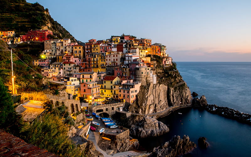 Manarola, morning, mediterranean sea, coast, seascape, sunrise, Liguria, Italy, Riomaggiore, La Spezia, HD wallpaper