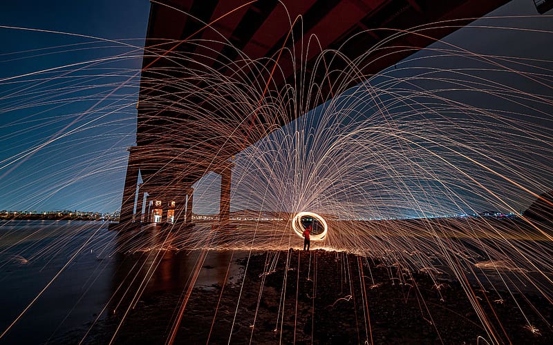 Iron Flower Art Fireworks Night Bridge Lighting, HD wallpaper