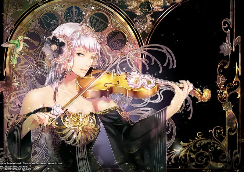 Symphonia, pretty, dress, cg, sublime, sweet, nice, fantasy, gold, instruments, hot, beauty, realistic, long hair, gorgeous, mbeautiful, violin, female, lovely, gown, melody, black, sexy, girl, bird, lady, angelic, maiden, HD wallpaper