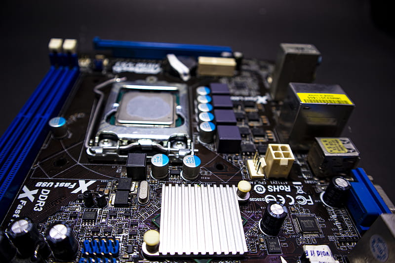 Motherboard, black background, circuit, component, computers, electronic, hardware, pc, tech, HD wallpaper