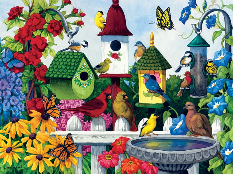 birds of a feather, pickettfence, butterfly, birdbath, birds, flowers, birdhouses, HD wallpaper