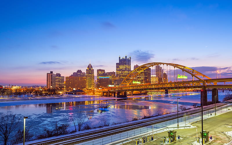 Pittsburgh, Fort Pitt Bridge, evening city lights, skyscrapers, bridge, Pennsylvania, USA, HD wallpaper