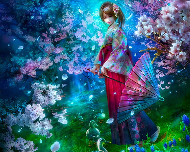 Niña y patos, bonita, flor de sakura, bosque, paraguas, bonito, floral,  flor de cerezo, Fondo de pantalla HD | Peakpx