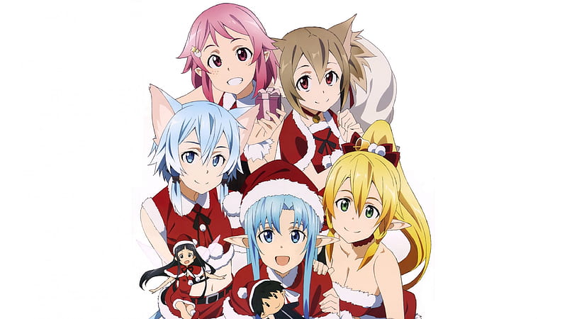 SAO Santa Girls, Brown Eyes, Pink Hair, Silica, Ponytail, Sack Red, Asuna, Black Hair, Blue Eyes, Lisbeth, Yuuki Asuna, Brown Hair, Sinon, Presents, Braid, Green Eyes, Sword Art Online, Blonde Hair, Anime, Kirigaya Kazuto, Red Eyes, Suguha Kirigaya, Leafa, Doll, Blue Hair, Yui, Long Hair, Girl, Shino Asada, Pink Eyes, Girls, Santa, Kirito, Santa Hat, Chirstmas, Anime Girl, HD wallpaper