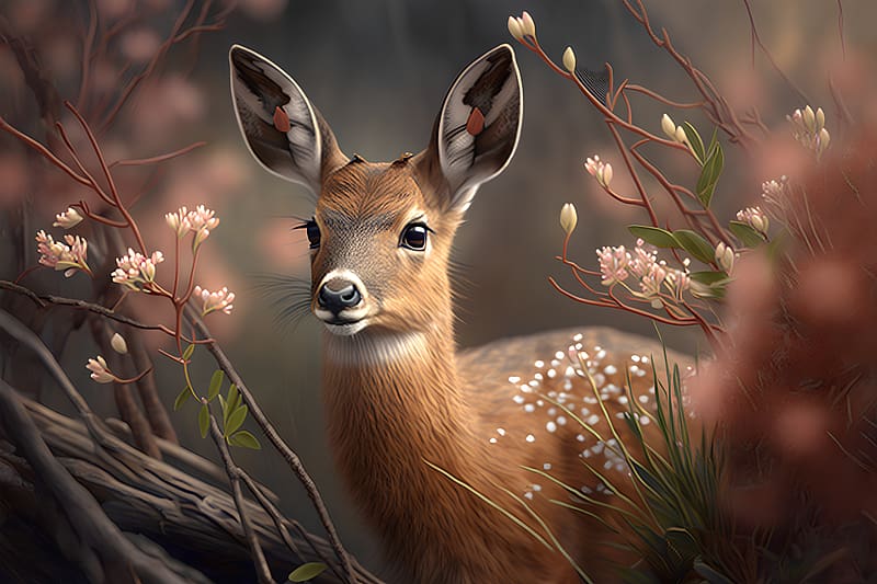 Baby deer, Flowers, Wild, Forest, Grass, Blur, HD wallpaper