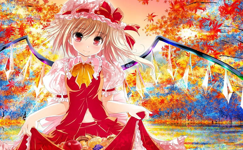 Flandre Scarlet, dress, blonde hair, hat, cute, short hair, leaves ...