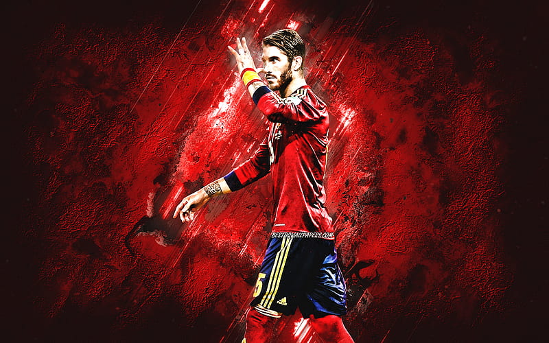 Sergio Ramos, Spain national football team, portrait, Spanish football player, red stone background, creative art, football, Spain, HD wallpaper