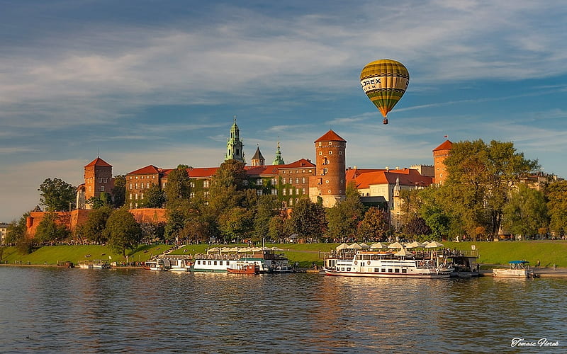 Wawel Castle, Krakow, Poland, castle, Wawel, royal, hot air balloon, Poland, Krakow, river, HD wallpaper