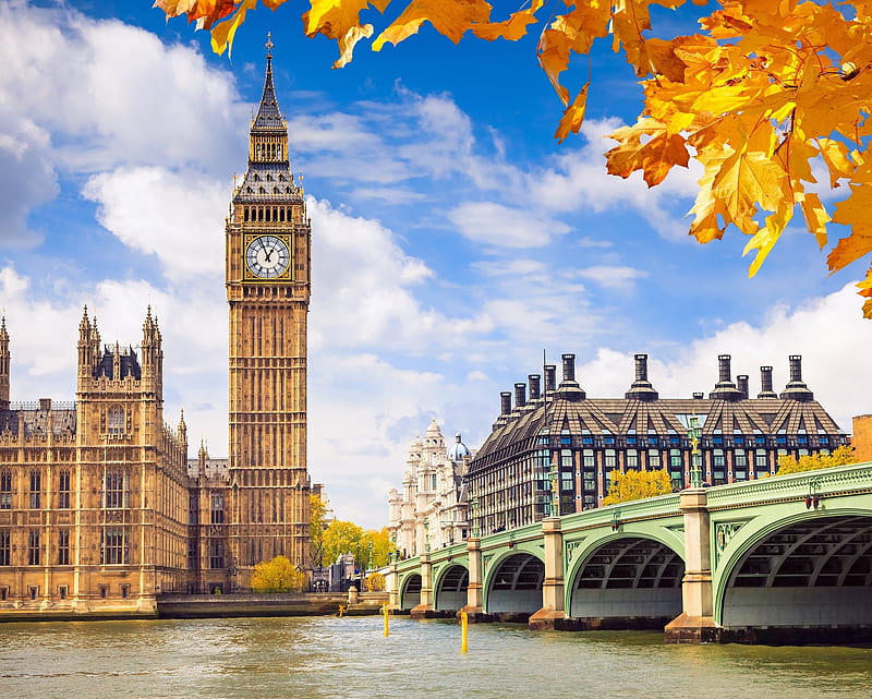 London, bridge, britain, england, lake, leaves, tower, westminster, HD wallpaper