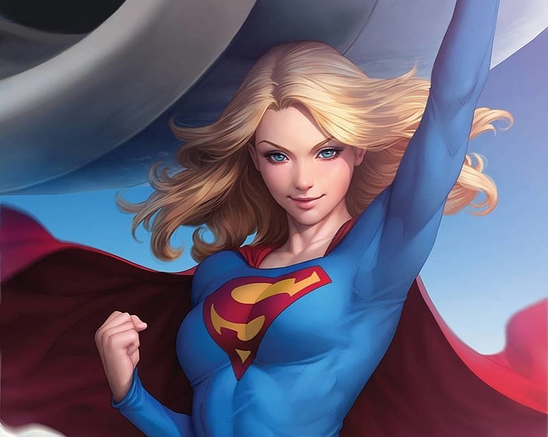 Supergirl, red, frumusete, luminos, blonde, stanley artgerm lau, comics, fantasy, blue, HD wallpaper
